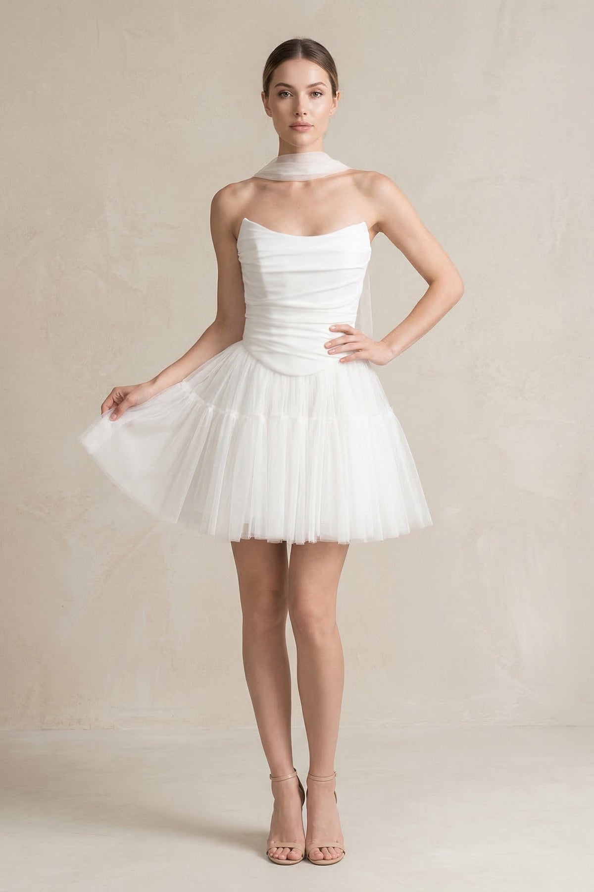 Strapless Tulle A-Line Ruched Mini Wedding Dress in White