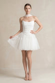 Strapless Tulle A-Line Ruched Mini Wedding Dress in White