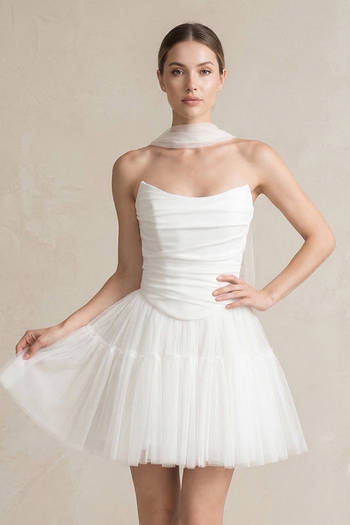 Strapless Tulle A-Line Ruched Mini Wedding Dress in White