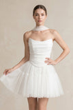 Strapless Tulle A-Line Ruched Mini Wedding Dress in White