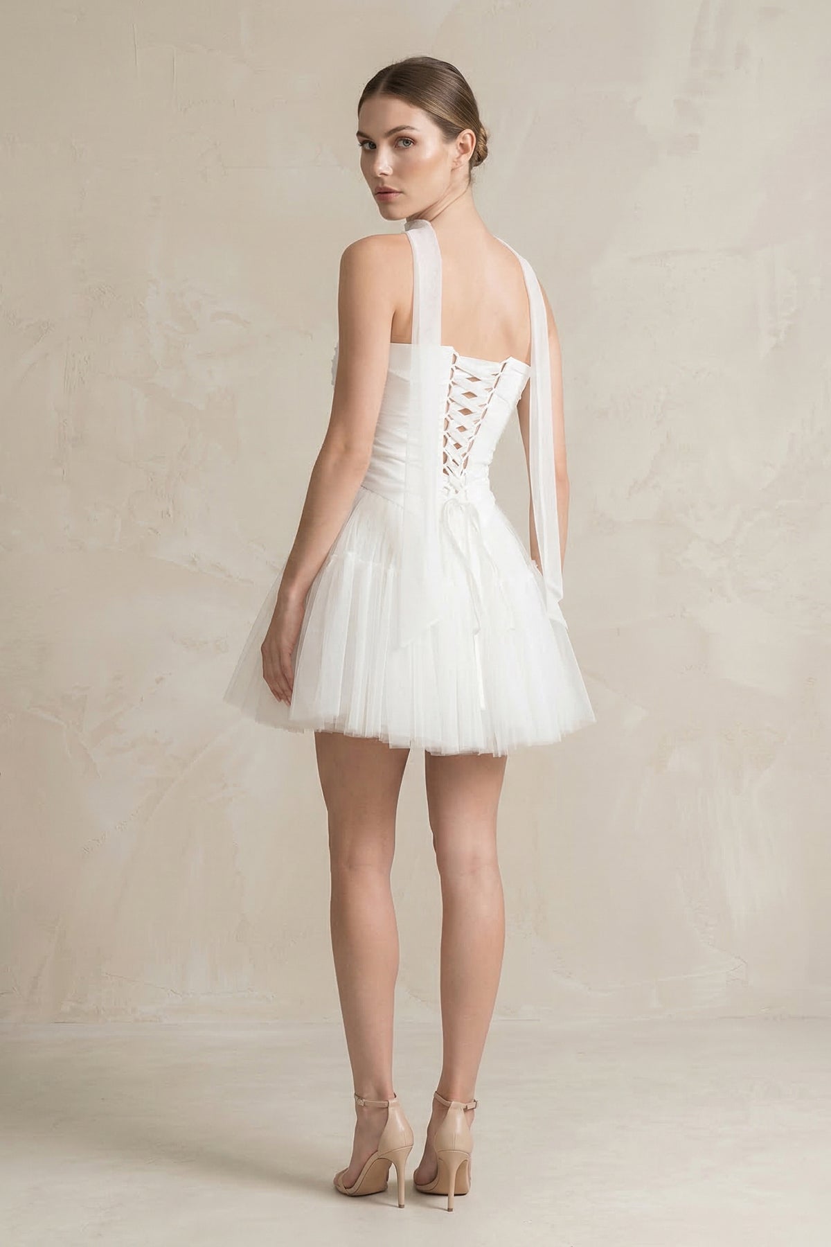 Strapless Tulle A-Line Ruched Mini Wedding Dress in White