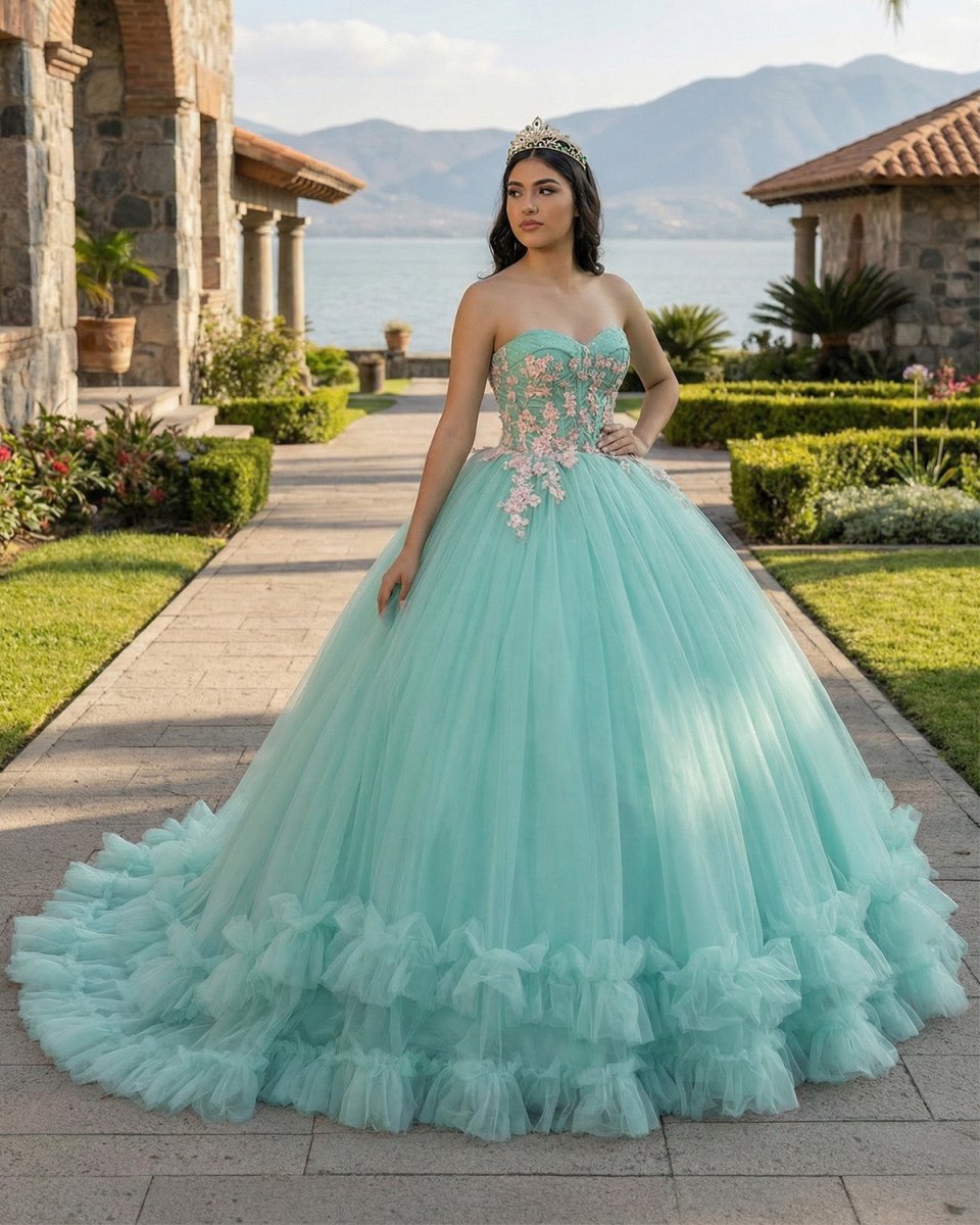 Sage Green Strapless Tulle Ball Gown Quinceanera Dress