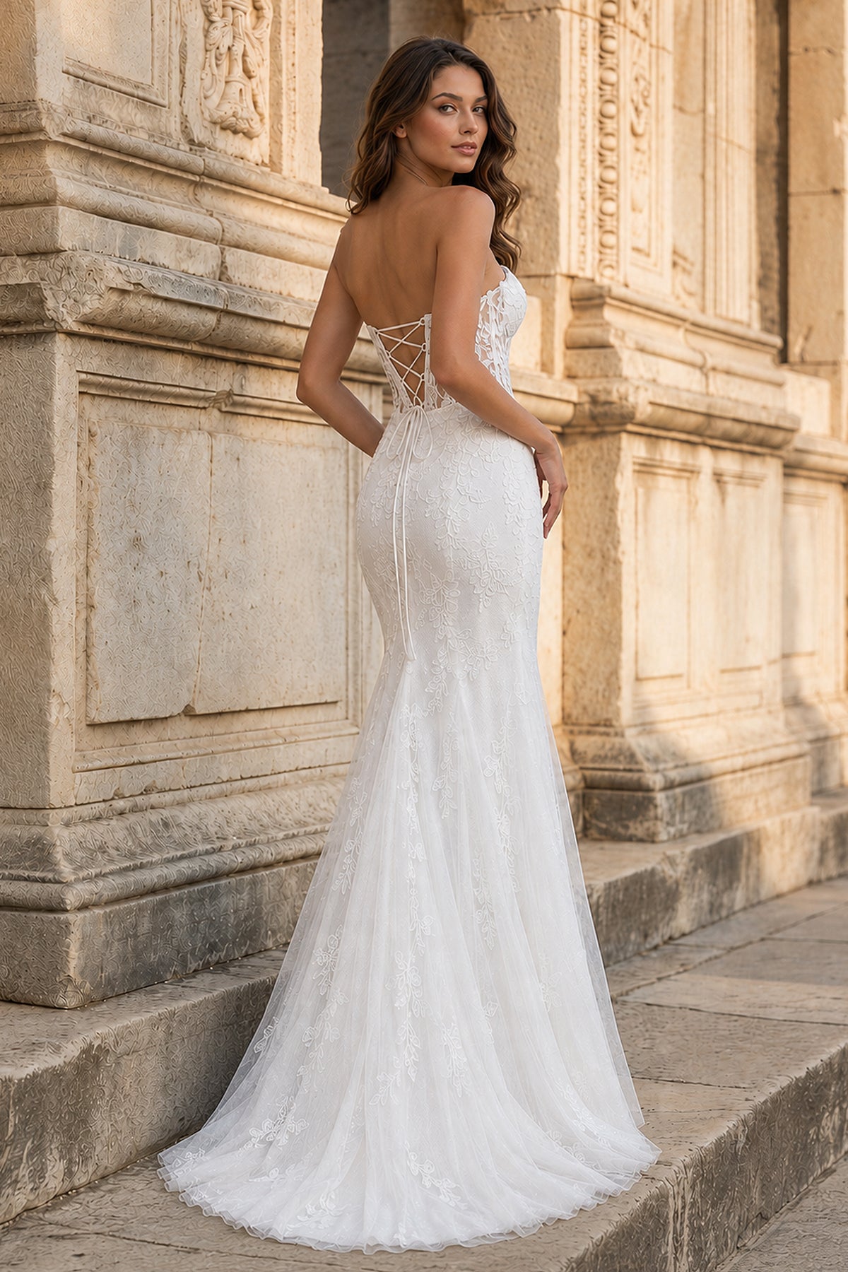 Mermaid Strapless Corset Lace Prom Dress with Slit