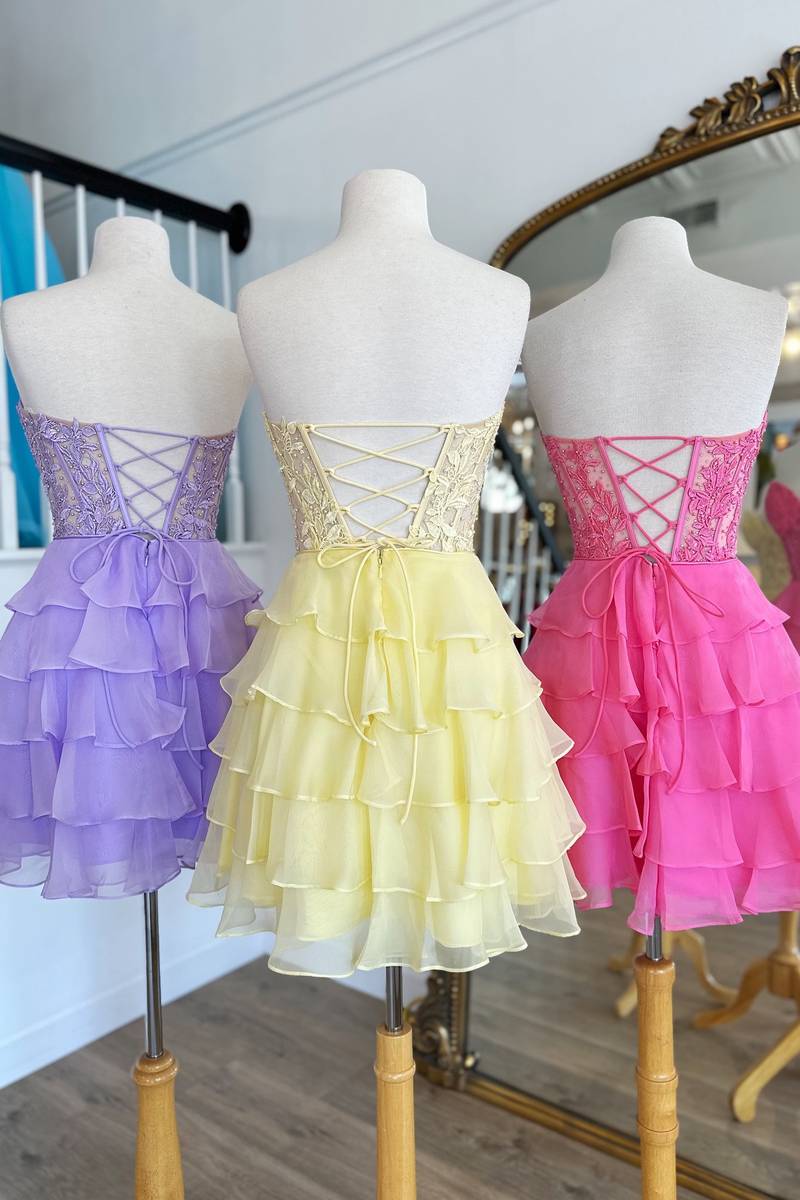 A-Line Strapless Tiered Corset Short Homecoming Dress with Appliques