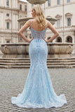 Straps Sky Blue Spaghetti Straps Sequin Appliques Mermaid Prom Dress