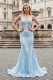 Straps Sky Blue Spaghetti Straps Sequin Appliques Mermaid Prom Dress