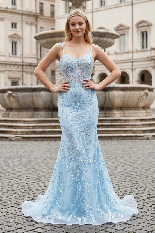 Straps Sky Blue Spaghetti Straps Sequin Appliques Mermaid Prom Dress