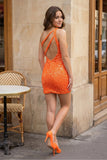 Orange Sparkly Bodycon One Shoulder Sequins Mini Party Dresses with Keyhole