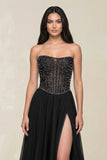 Stunning Strapless Tulle A-Line Corset Wedding Dress With Slit in Black