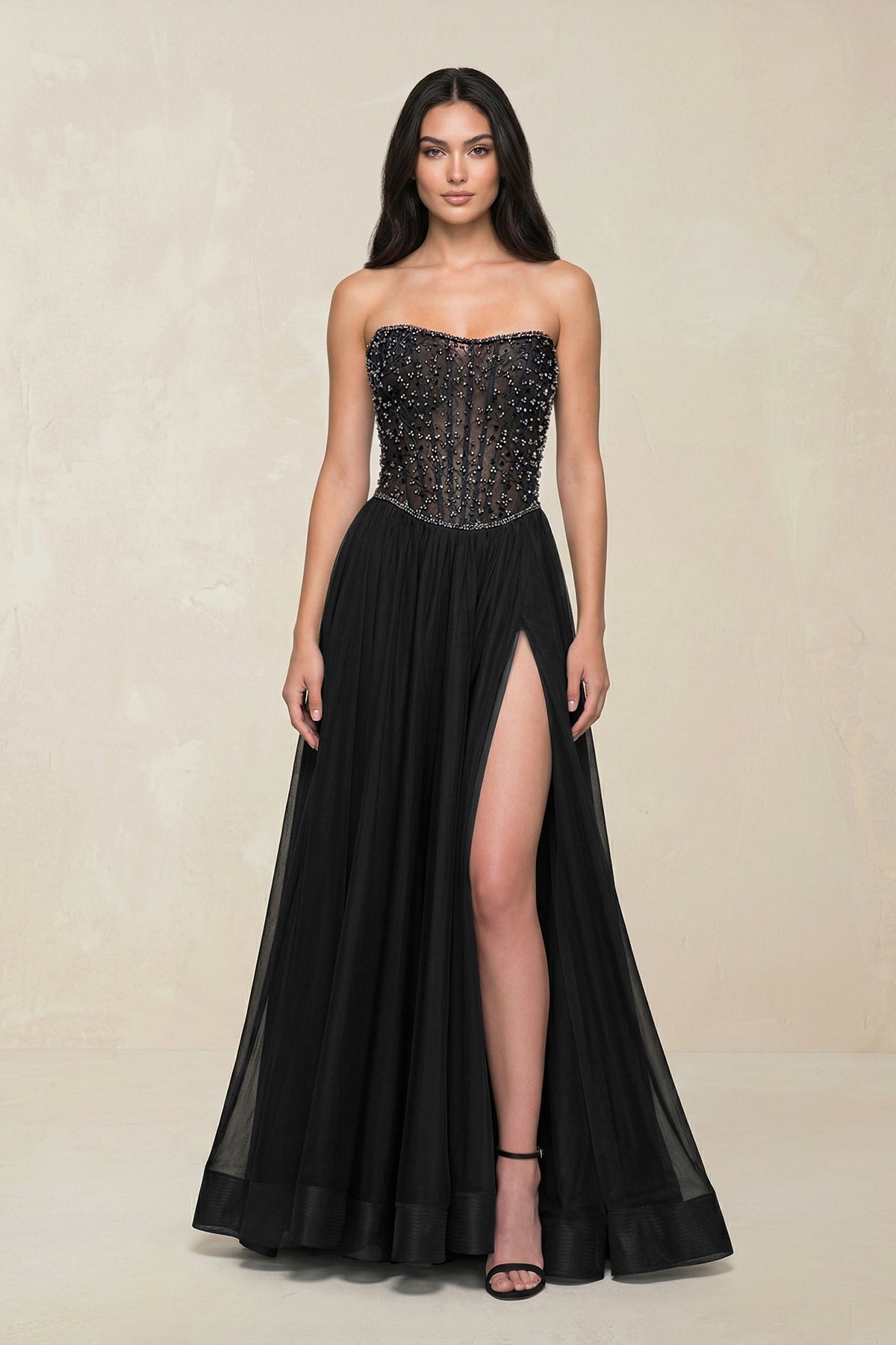 Stunning Strapless Tulle A-Line Corset Wedding Dress With Slit in Black