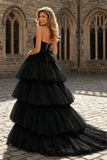 A-line High Low Strapless Tulle Prom Dress with Ruffles