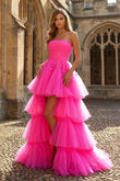A-line High Low Strapless Tulle Prom Dress with Ruffles