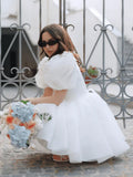 A-Line Square-Neck Short Wedding Dress With Puffy Pearls Sleeves