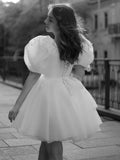 A-Line Square-Neck Short Wedding Dress With Puffy Pearls Sleeves