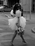 A-Line Square-Neck Short Wedding Dress With Puffy Pearls Sleeves