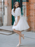 A-Line Square-Neck Short Wedding Dress With Puffy Pearls Sleeves