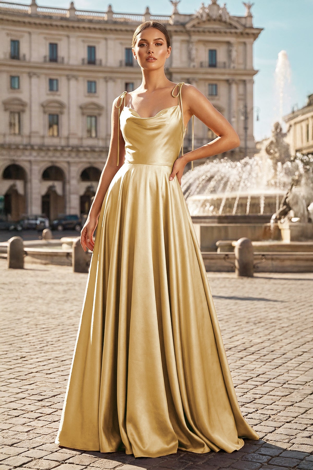 Sweet A-line Cowl Neck Silk Long Prom Dress