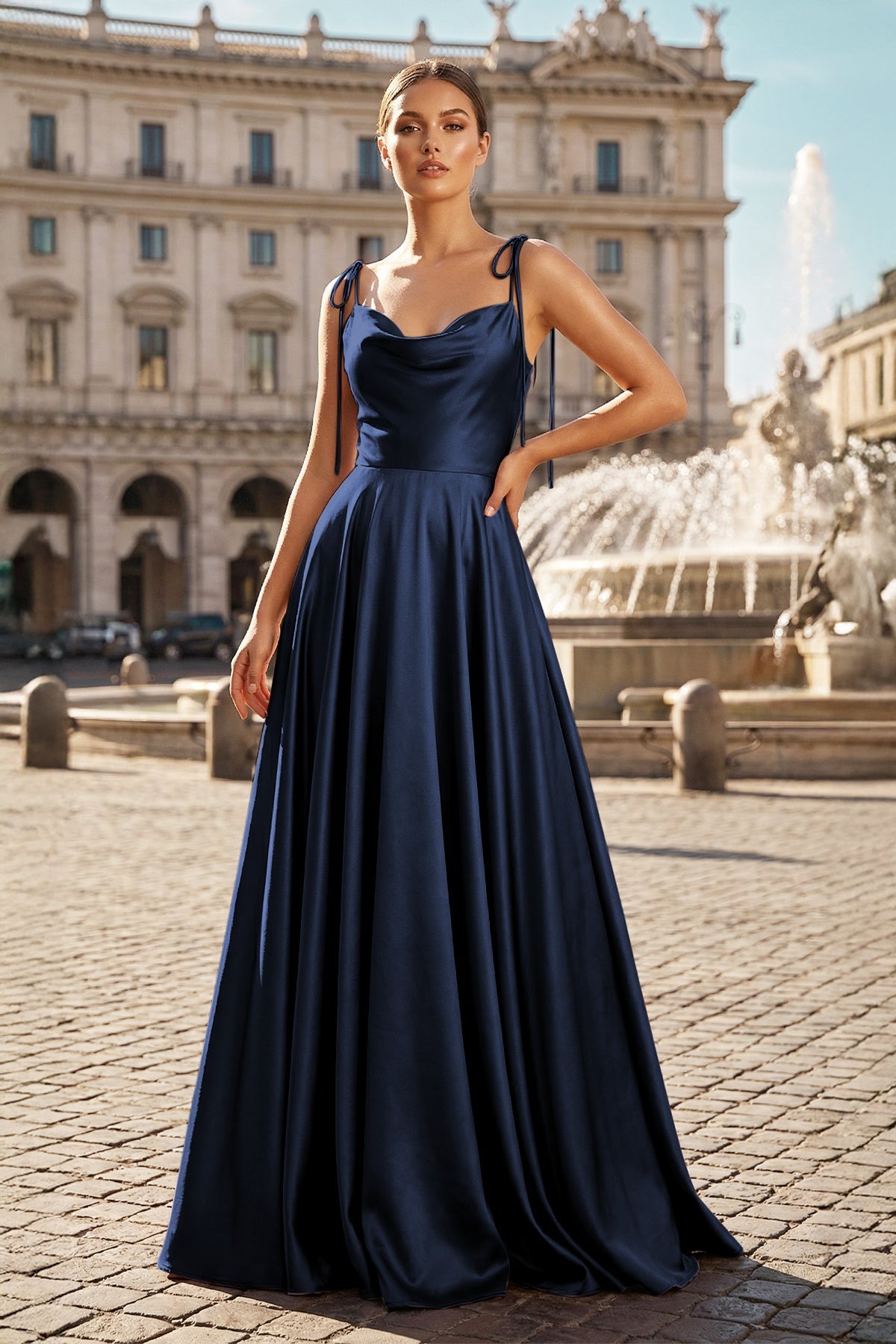 Sweet A-line Cowl Neck Silk Long Prom Dress