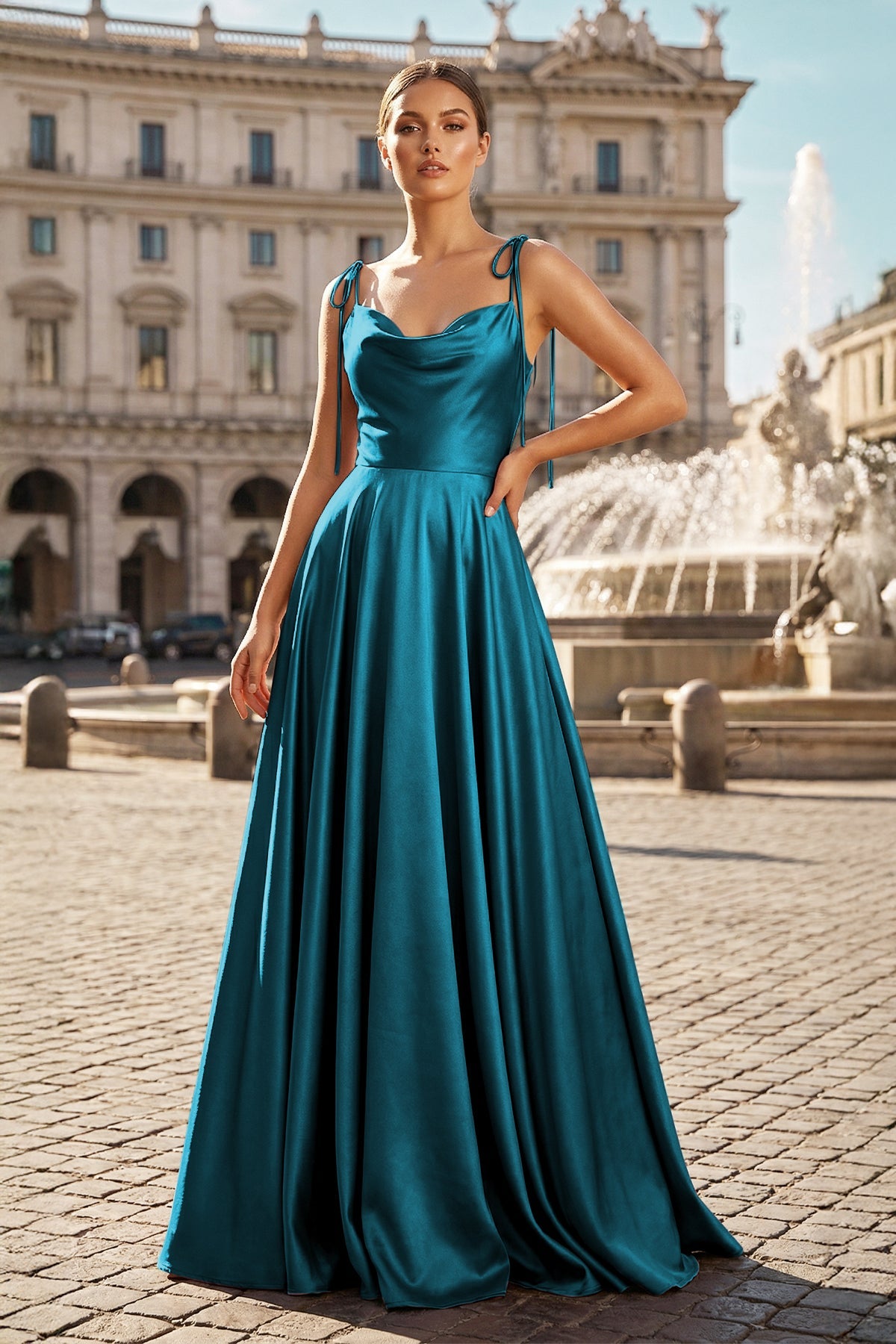 Sweet A-line Cowl Neck Silk Long Prom Dress