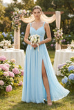 Sweetheart A-Line Chiffon Bridesmaid Dress with Slit in Sky Blue