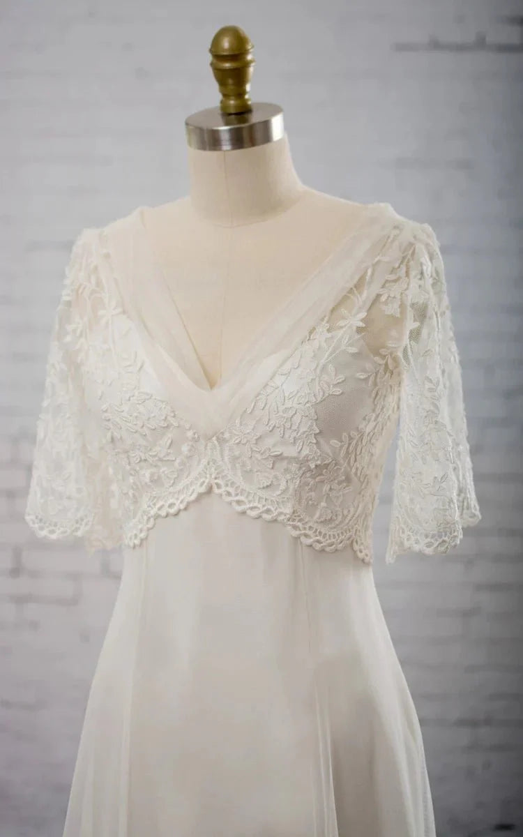 Sweetheart A-line Chiffon Dress With Half-sleeved Illusion Bodice