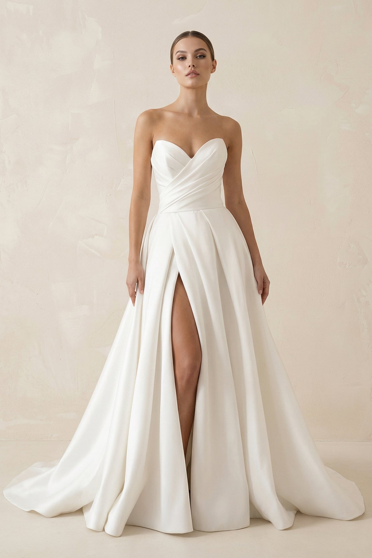 White Satin Long A-Line Wedding Dress with Slit