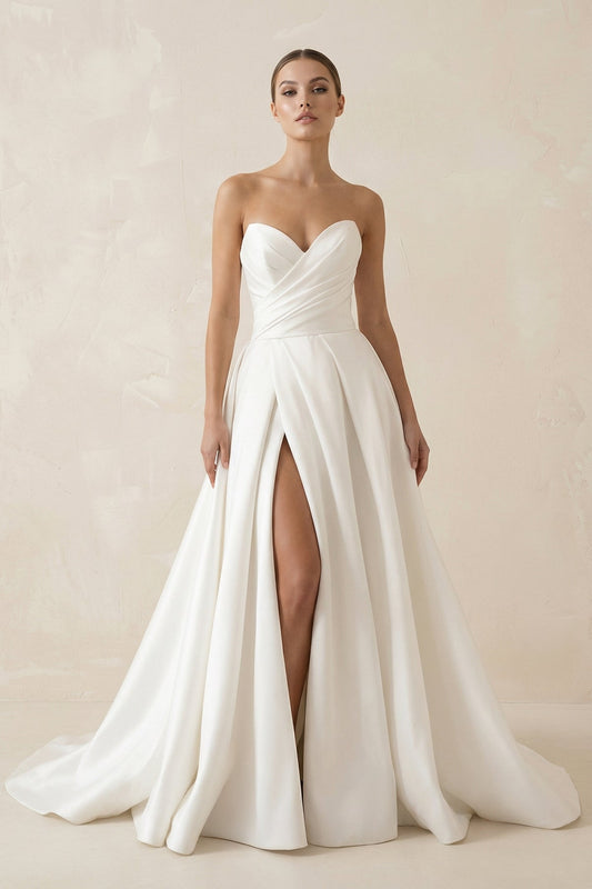 White Satin Long A-Line Wedding Dress with Slit