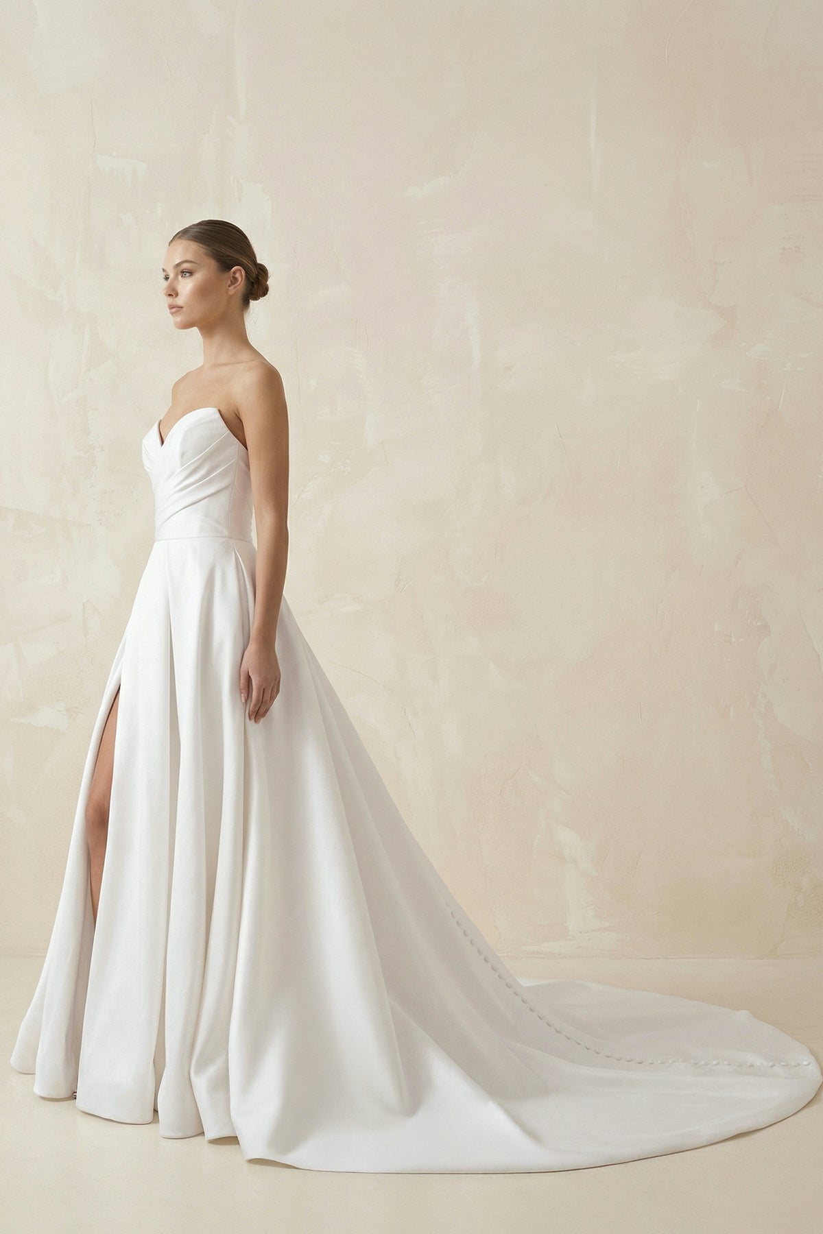 White Satin Long A-Line Wedding Dress with Slit