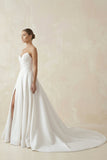 White Satin Long A-Line Wedding Dress with Slit