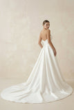 White Satin Long A-Line Wedding Dress with Slit