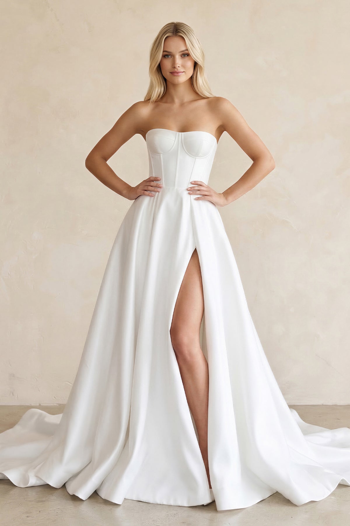 Ball Gown Strapless Satin Wedding Dresses with Slit