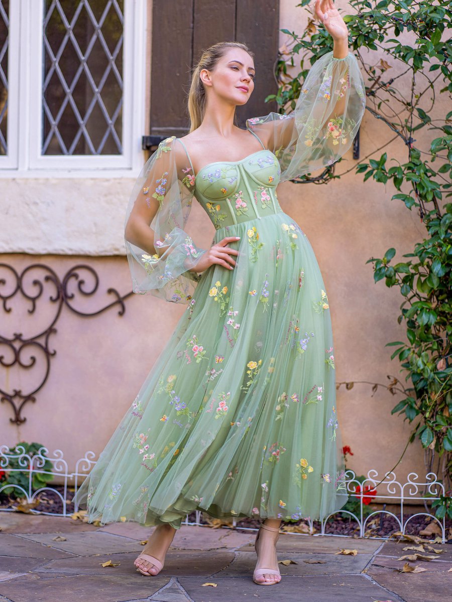 Square Neck Embroidery Tea-Length Tulle Puff Sleeves Floral Corset Prom Dress