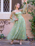 Square Neck Embroidery Tea-Length Tulle Puff Sleeves Floral Corset Prom Dress