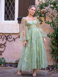 Square Neck Embroidery Tea-Length Tulle Puff Sleeves Floral Corset Prom Dress