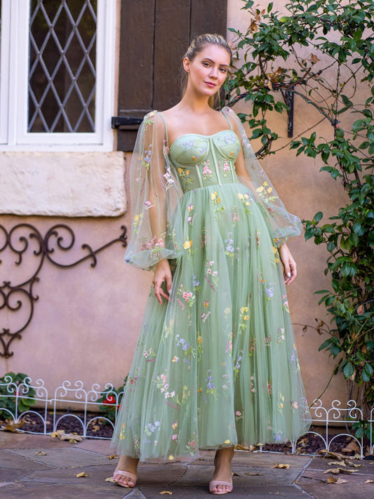 Square Neck Embroidery Tea-Length Tulle Puff Sleeves Floral Corset Prom Dress