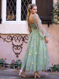 Square Neck Embroidery Tea-Length Tulle Puff Sleeves Floral Corset Prom Dress