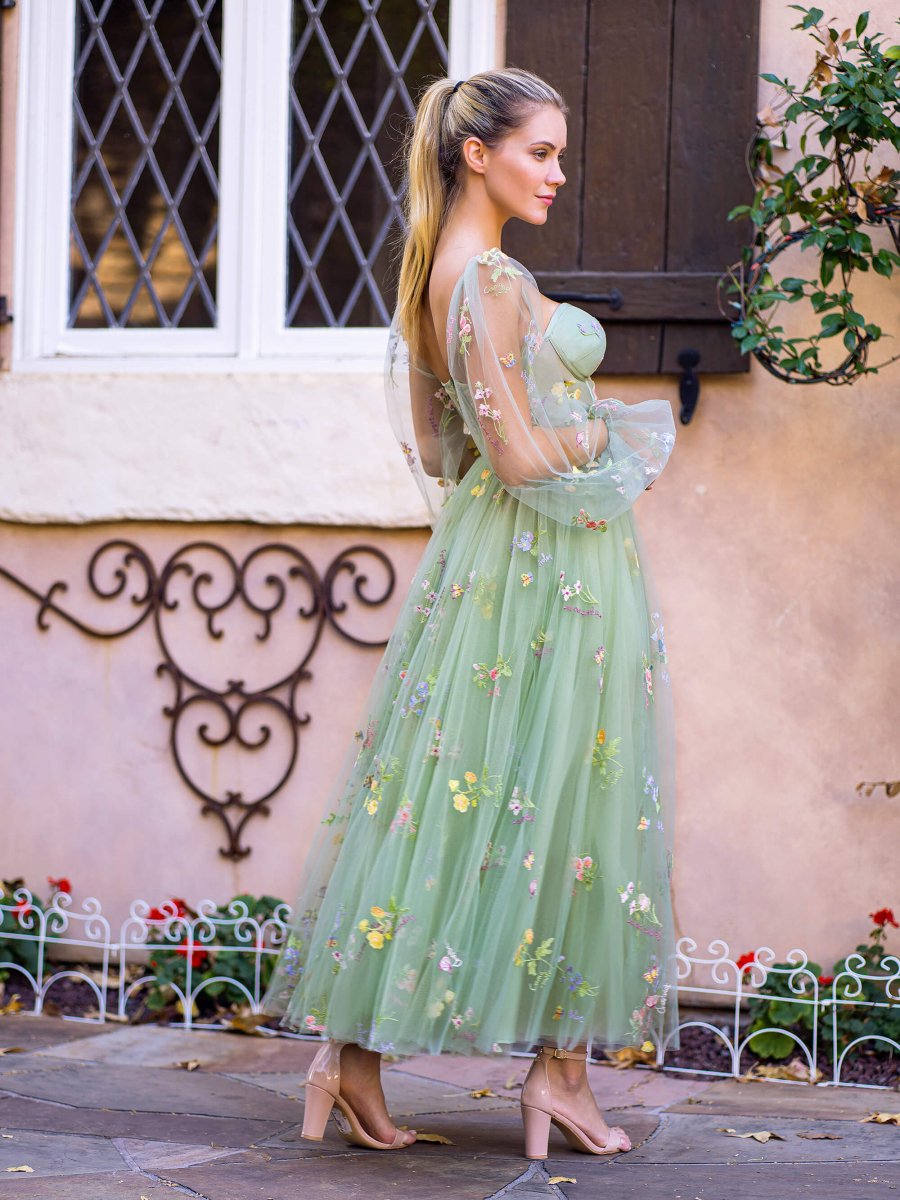 Square Neck Embroidery Tea-Length Tulle Puff Sleeves Floral Corset Prom Dress