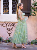 Square Neck Embroidery Tea-Length Tulle Puff Sleeves Floral Corset Prom Dress