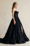 Sweetheart Appliqued Corset Lace Ball Gown Wedding Dress With Slit in Black
