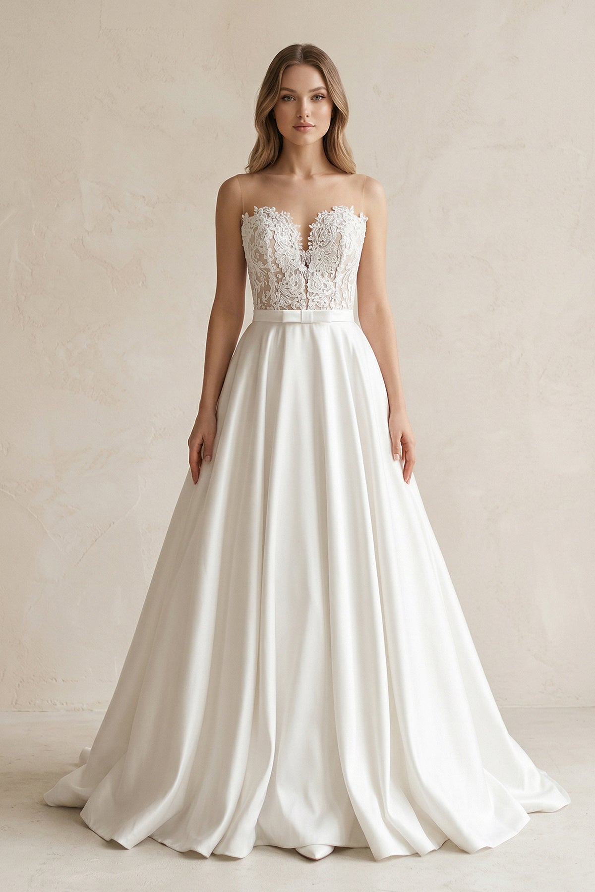 Sweetheart Appliqued Satin Ball Gown Wedding Dress in White