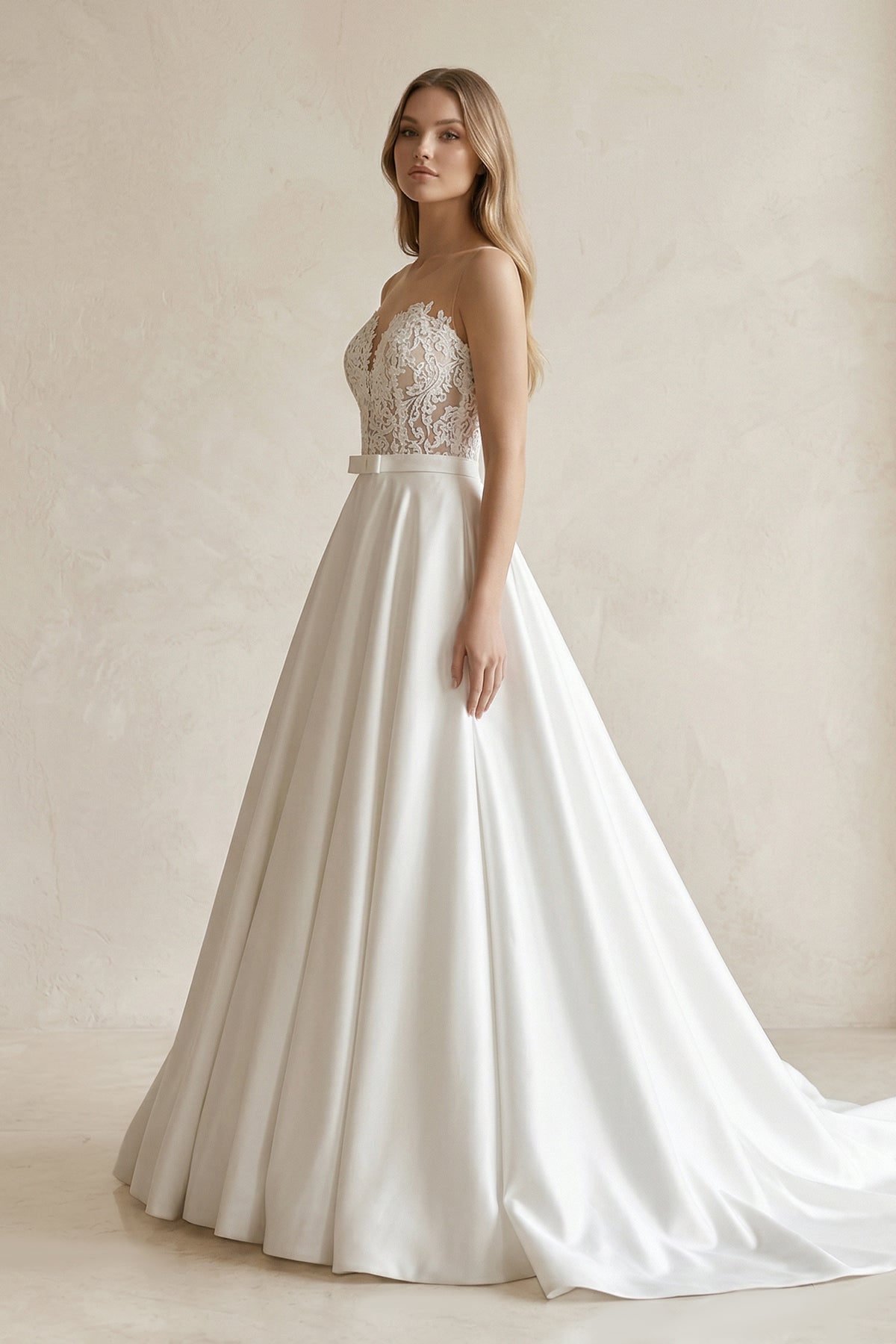 Sweetheart Appliqued Satin Ball Gown Wedding Dress in White