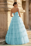 Mint Green Sweetheart Tulle Tiered A-Line Long Prom Dress with Slit
