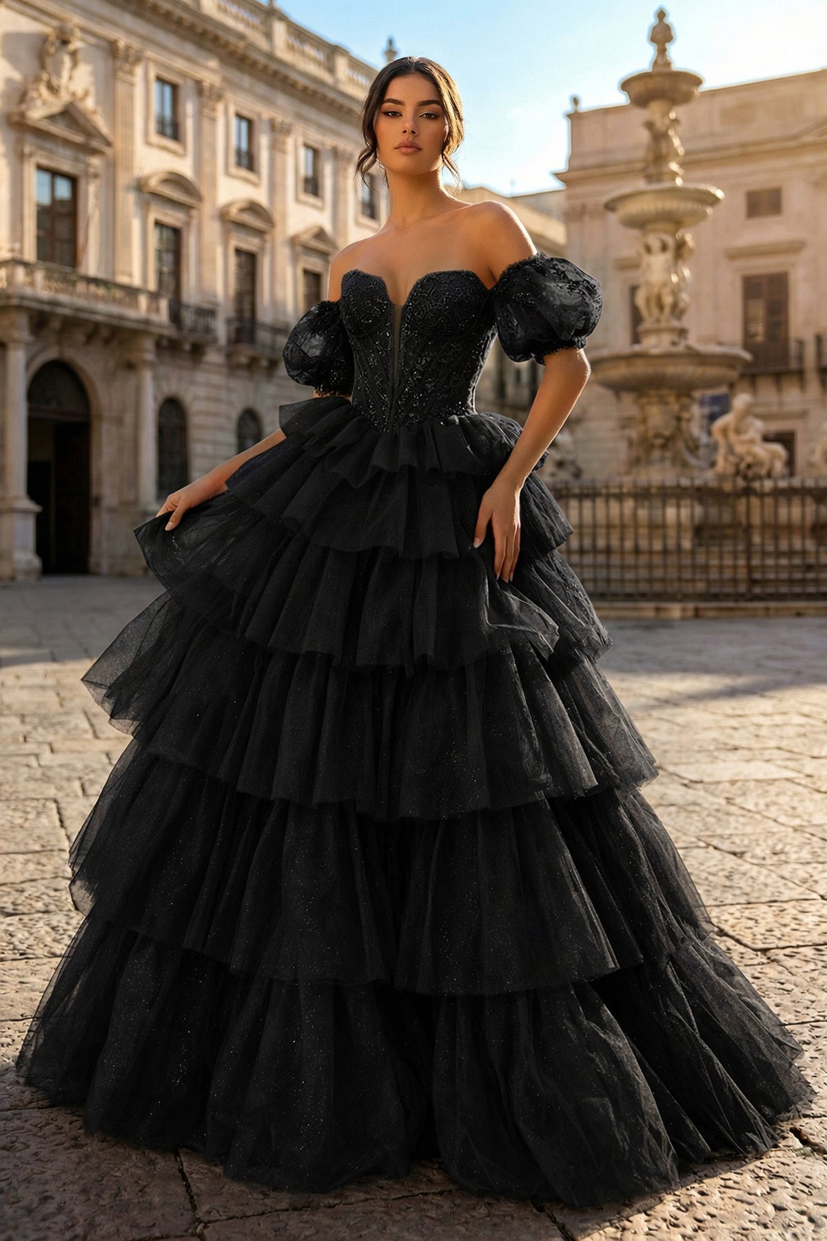 Sexy Sweetheart Black A-Line Lace Layered Dress with Slit