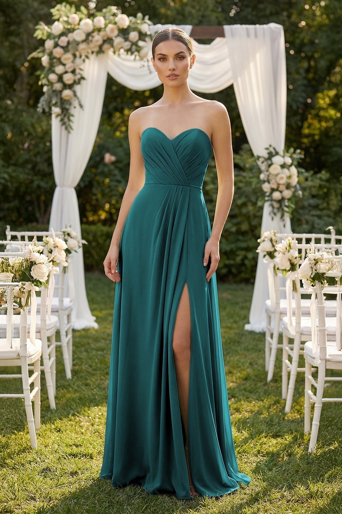 Sweetheart Chiffon A-Line Bridesmaid Dress with Slit in Pine