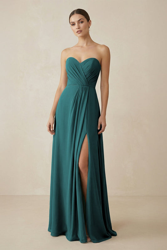 Sweetheart Chiffon A-Line Bridesmaid Dress with Slit in Pine