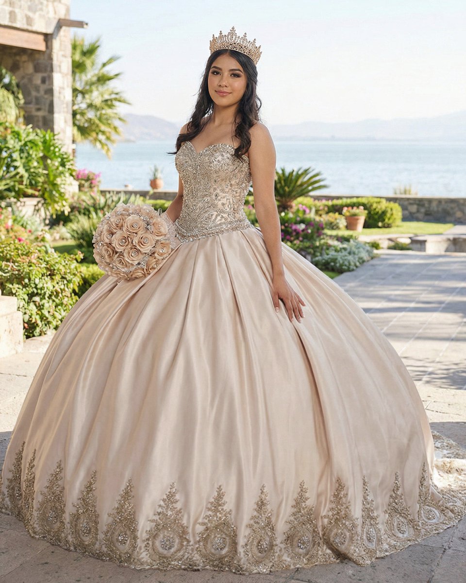 Sweetheart Embroidery Satin  Champagne Quinceanera Dresses Lace Ball Gowns