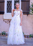 Spaghetti Straps Neck Floor Length Tulle Embroidery Floral Prom Dress