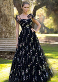 Spaghetti Straps Neck Floor Length Tulle Embroidery Floral Prom Dress