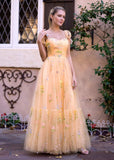 Spaghetti Straps Neck Floor Length Tulle Embroidery Floral Prom Dress