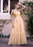 Spaghetti Straps Neck Floor Length Tulle Embroidery Floral Prom Dress